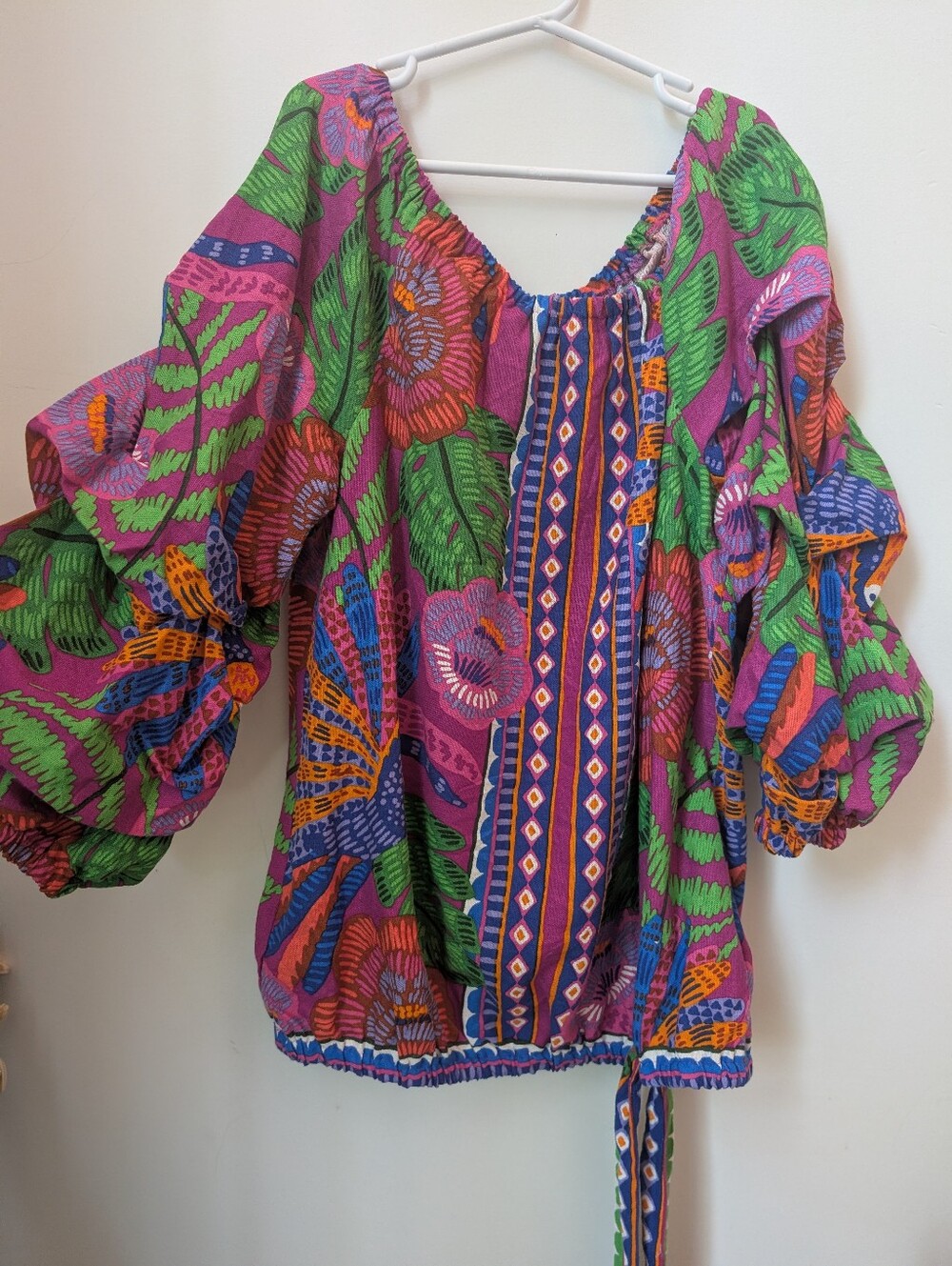 CeCe Linen Blend Off The Shoulder Tropical Blouse, Farm Rio Vibes, Size Small